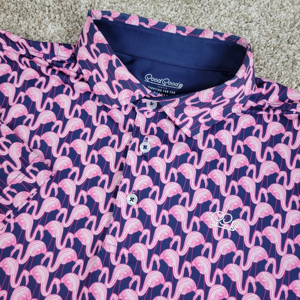 Good Good Mens Small Blue Pink AOP Flamingo Performance Stretch Golf Polo SS